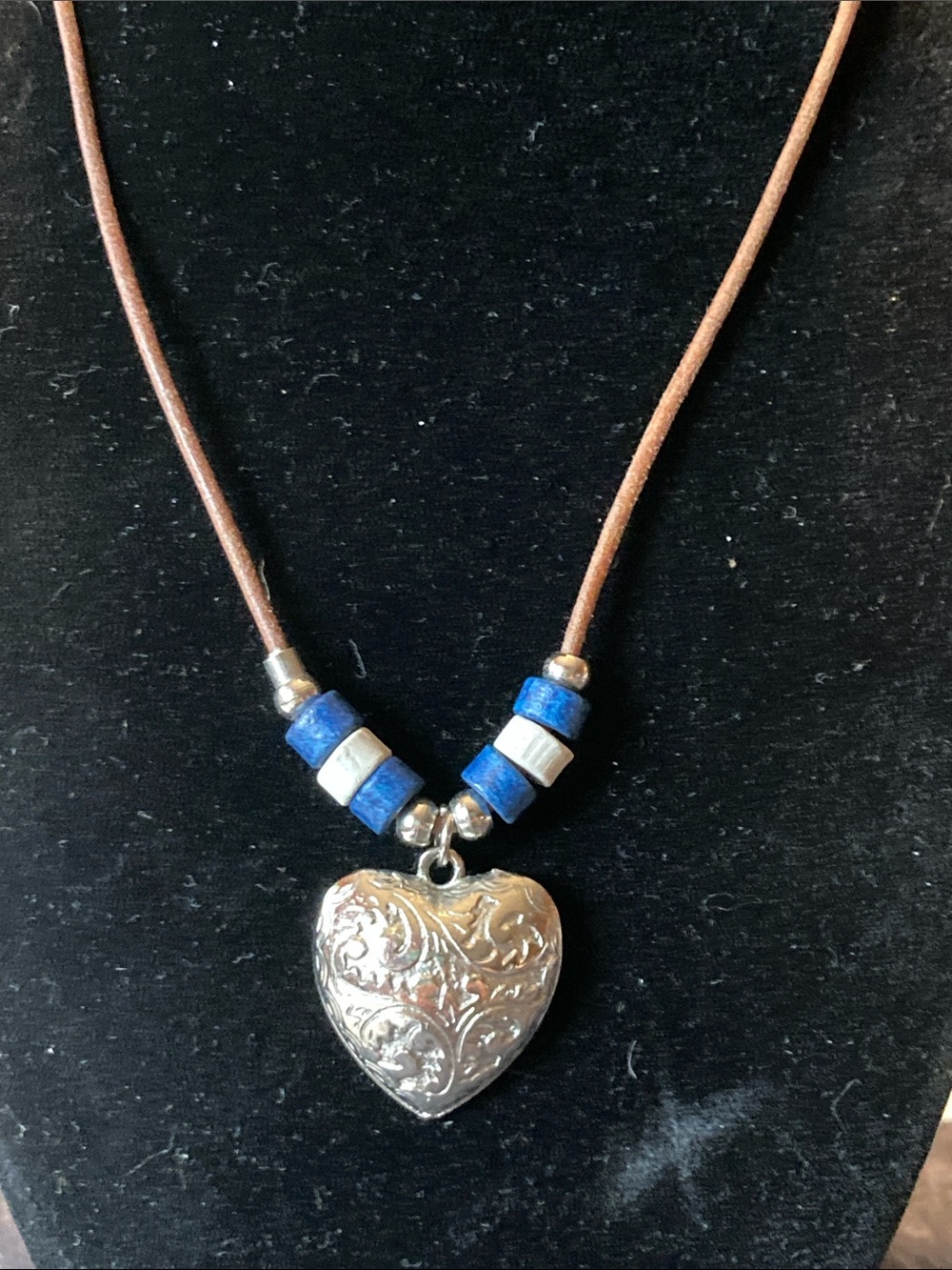 Artisan Silver Tone Heart Pendant Necklace with Blue Beads on Cord